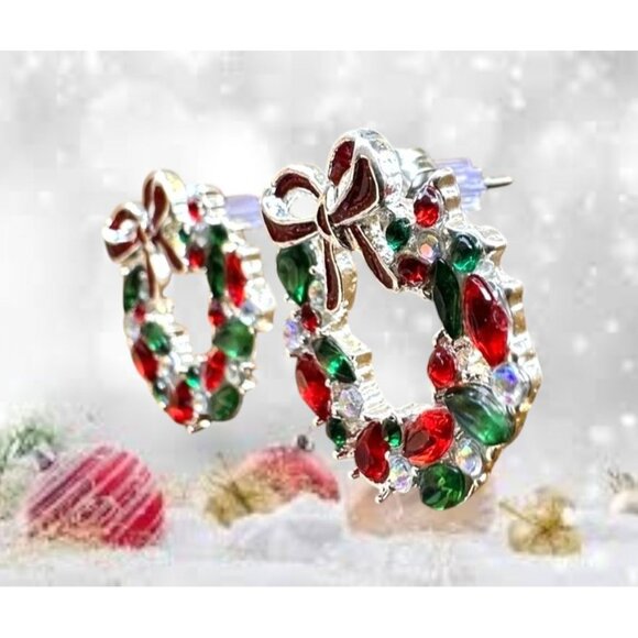 Christmas Wreath Earrings New Red Green Clear Crystals Posts Festive Bow… - Picture 4 of 12